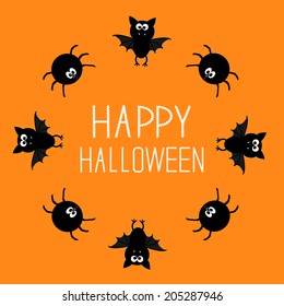 Cute bat and spider round frame. Happy Halloween card. Orange background. Vector illustration