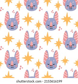 Cute bat with stars. Vector. Cartoon style. Seamless Pattern, Background, Wallpaper. Perfect for prints
