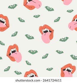 Cute bat, vampire lips seamless pattern. Happy Halloween party print: flying bat silhouettes, witch lips kiss Vector illustration for wrapping, kids fabric, holiday decoration, textile, backgrounds
