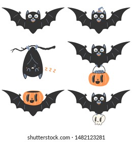 Cute bat vector cartoon characters set for Halloween isolated on white background.