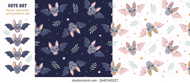 Cute bat. Vector elements and set of seamless patterns on dark and light background. For kids. For textile, packaging, background