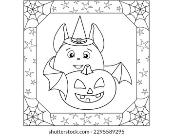 Cute bat in a witch hat with a Halloween pumpkin in a square frame with cobwebs and stars - a vector linear picture for coloring. Outline. Halloween coloring book for kids with a funny bat.