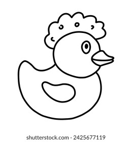 Cute bath duck with a bubble on the head. Handdrawn clipart of duck toy for playing during taking a shower and bathe. Simple funny doodle with hand drawn outline isolated on white.