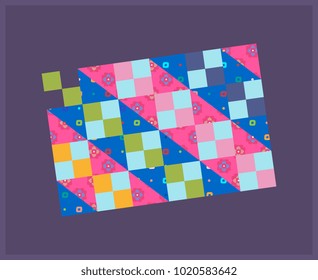 Cute bath mat pattern, modern bathroom interior accessory, patchwork rectangle design. Small textile carpet colorful template. Tiny rug, mattress, home decor. Violet, pink, blue, yellow, green palette