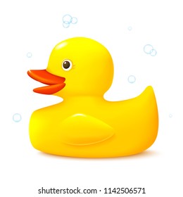 Cute bath toy yellow rubber duck side view. Realistic vector illustration