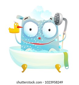 Cute Bathing Monster with Duck. Little cutie having bath with a toy. Vector cartoon.