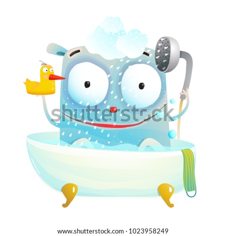 Cute Bathing Monster with Duck. Little cutie having bath with a toy. Vector cartoon.