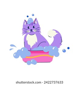 Cute bathing purple cat in flat cartoon style. Vector isolated hand drawn illustration for sticker, banner, poster, postcard. Pet grooming concept