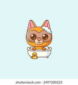 Cute bathing raccoon  time in bathtub kawaii chibi character mascot illustration outline style design set