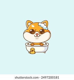 Lindo baño shiba inu perro tiempo en bañera kawaii chibi personaje mascota ilustración esquema estilo conjunto de diseño