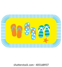 Cute bathroom carpet with slippers. Flip flops on the mat vector illustration. 