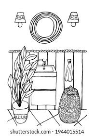 Cute bathroom coloring book. Cozy bathroom it’s ceramic sink, mirror, wall lamps, laundry basket, home flower, decorative tile. Colouring page for children and adults.