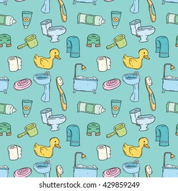 Cute bathroom icons or elements in seamless pattern with doodle style