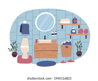 Cute bathroom interior in trendy Scandinavian style. Everyday routine. Sink with mirror and toilet. Isolated concept of morning hygiene. Flat vector in cartoon style