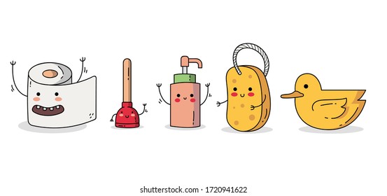 Cute Bathroom and Toiletries Character Set 1: Toilet paper, plunger, soap and shampoo bottle dispenser, sponge and rubber duck