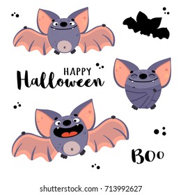 Cute bats in cartoon style. Vector illustration with inscriptions "Happy Halloween" and "Boo". Characters of happy flittermouse for kid's halloween party design, holiday invitation cards and posters.