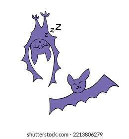 Cute bats drawn in cartoon doodle style. Vector color illustration isolated on white background. For halloween design, greeting card
