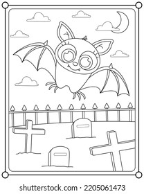 Cute bats flying in the graveyard suitable for children's coloring page vector illustration