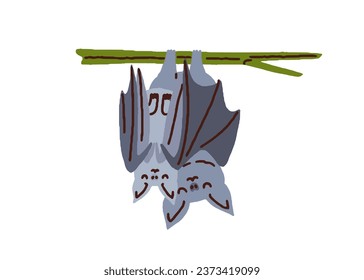 Cute bats hanging and sleeping upside down. Vampire animals family, mother and baby. Funny mom and kid, night creatures couple, asleep. Flat vector illustration isolated on white background