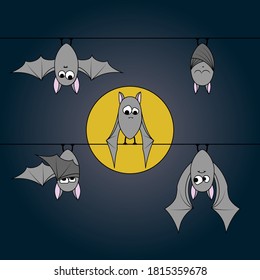 Cute bats hanging upside down at night. Full moon. Halloween art