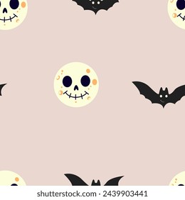 Cute bats, moon seamless Halloween background. Template for textile, wallpaper, packaging, cover, web, card, box, print, banner, ceramic