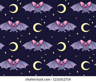 Cute bats in the night sky . Seamless pattern for Halloween. 
