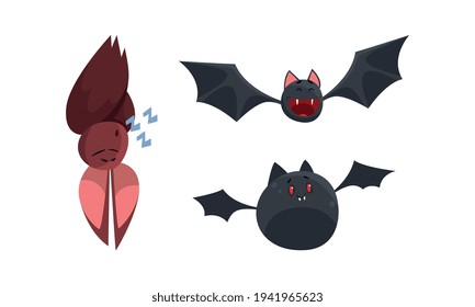 Cute Bats Set, Funny Halloween Animal Characters Cartoon Vector Illustration
