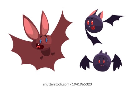 Cute Bats Set, Funny Funny Vampire Animal Characters Cartoon Vector Illustration