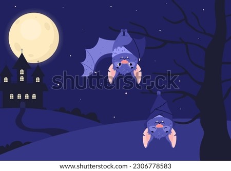Cute bats sleeping and hanging upside down on tree against the background of the moon and the castle. Vector illustration on background of Halloween cartoon symbol. Decoration for Halloween party