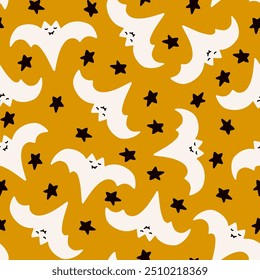 Cute bats and stars seamless repeat pattern in black, white and orange. Halloween holiday cartoon style design for paper, fabric, wallpaper, stationery.