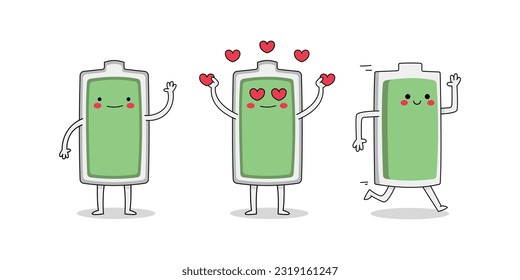 Cute Battery cartoon character set 1 of waving hand, spreading love and running