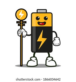 cute battery cartoon mascot character funny expression holding stick energy