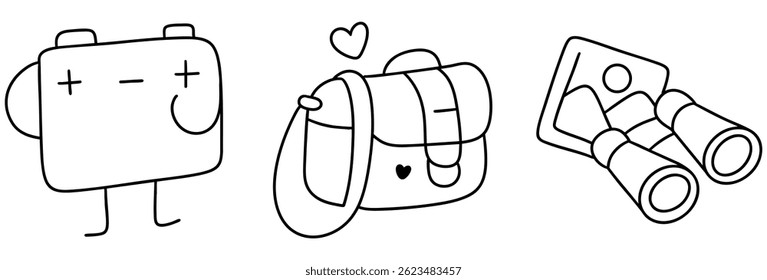 A Cute battery character, stylish bag, and binoculars playful design. This snapshot captures fun and creativity simple lines