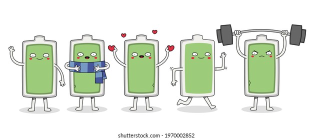 Cute Battery icon cartoon character set 1 with waving, wearing scarf, spreading love, running and weight lifting