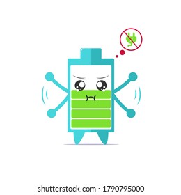 El carácter de duración de la batería no quiere cargarse, aislado en fondo blanco. Ilustración emoticono de carácter de vida de la batería