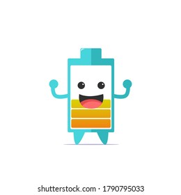 Der scharfe Akkulaufscharakter fühlt sich glücklich, einzeln auf weißem Hintergrund. Emoticon-Illustration des Akkulebens