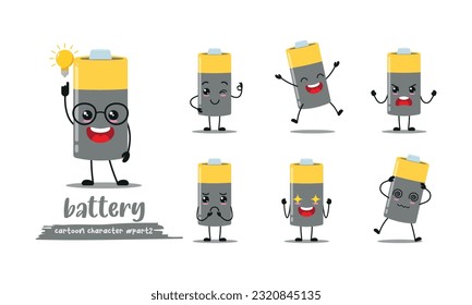 cute battery with many expressions. different activity pose vector illustration flat design set.