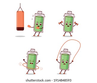 Cute Battery Mascot Exercising Cartoon Vector Set
