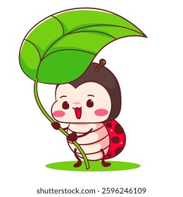 Cute battle lady bug holding leaf cartoon character. Kawaii animal hand drawn style concept design. Vector art mascot logo icon illustration
