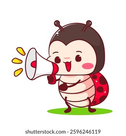 Cute battle lady bug holding megaphone cartoon character. Kawaii animal hand drawn style concept design. Vector art mascot logo icon illustration