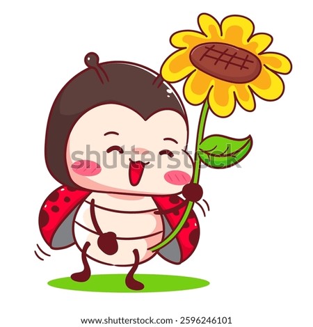 Cute battle lady bug holding sun flower cartoon character. Kawaii animal hand drawn style concept design. Vector art mascot logo icon illustration