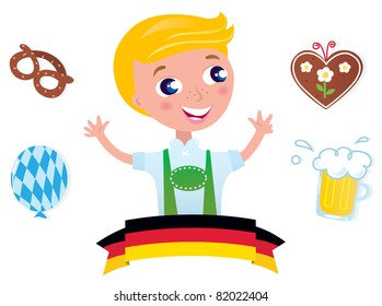 Cute bavarian Octoberfest male & icons isolated on white background Blond boy with traditional Octoberfest symbols. Vector Illustration.