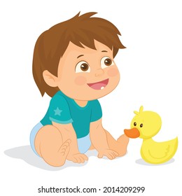 Der Junge in der Bucht spielt mit Ente. Vektorgrafik. Individuell auf weißem Hintergrund.