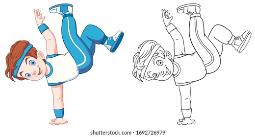 Bebé, bailarín de jovencito. Página coloreada y carácter colorido de clipart. Diseño de caricaturas para la impresión de pantalones, icono, logotipo, etiqueta, parche o pegatina. Ilustración vectorial.