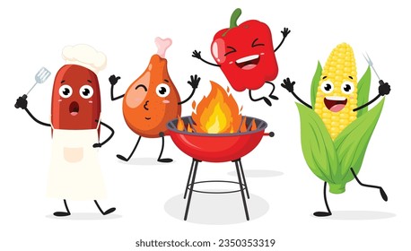 Cute Bbq cartoon character, barbecue food and cooking tools, Grill, grid, steak, glove, sausages and meat