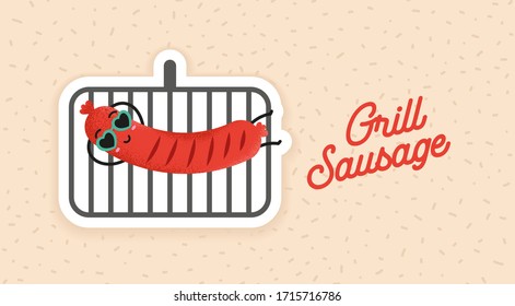 Cute bbq party with a sausage laying on the grill. Kawaii sausage character wearing sunglasses. Menu invitation card or t-shirt graphic design element.