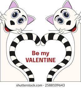 Cute Be My Valentine poster cover template design. Funny cats isolated transparent background. Cat tail in shape of Heart. Vector illustration for card design t-shirt print. EPS 10	