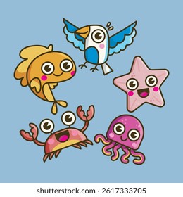 cute beach animal collection set in isolated background