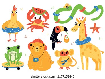 Cute beach animals. Resting happy cartoon characters, cute funny frog, crab with watermelon, snake and giraffe with summer accessories, toucan with tropical cocktail, swanky vector set