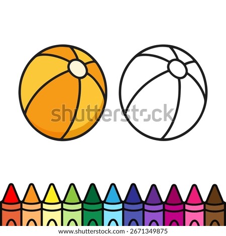 Cute beach ball coloring page for kids with a bright yellow design and black outline. Fun summer activity for children to enjoy creative coloring while learning about shapes and colors.